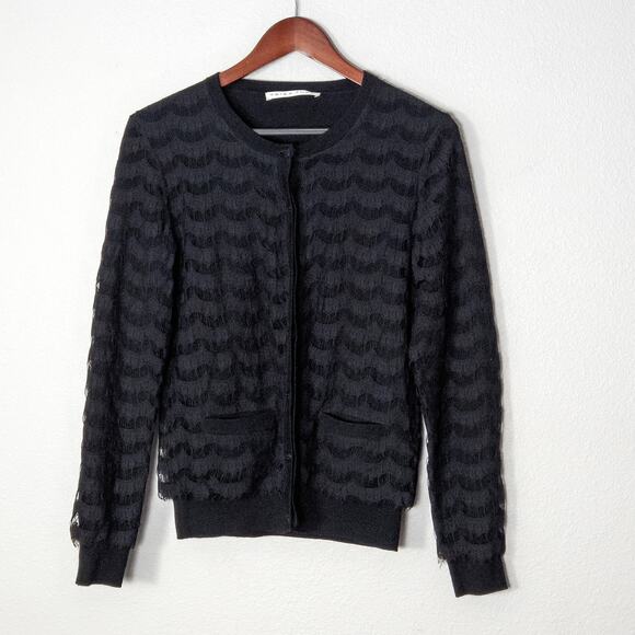 Trina Turk Women’s Cardigan Dark Academia Coquette Merino Wool Scalloped Black M - Picture 1 of 9